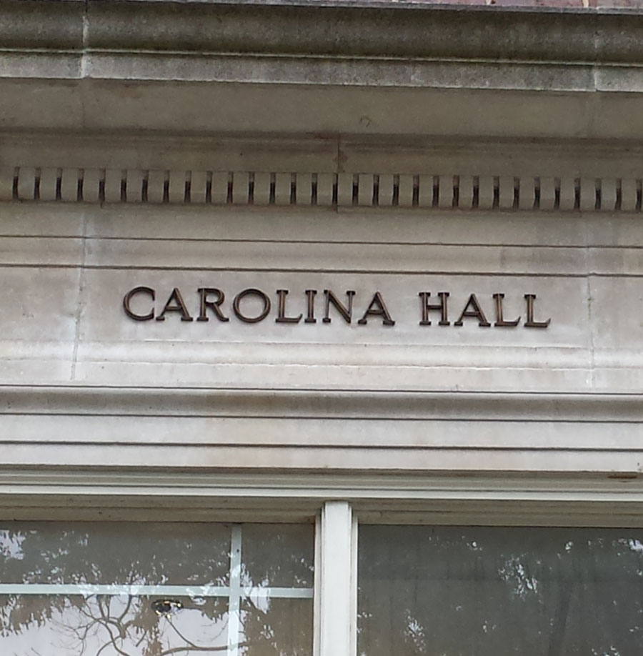 Cast bronze letters at UNC Carolina Hall