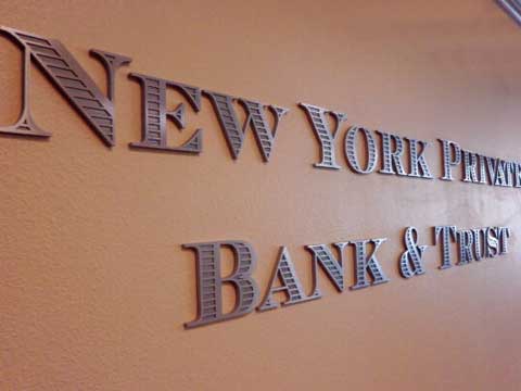 Custom cast bronze sign letters at NY Private Bank and Trust